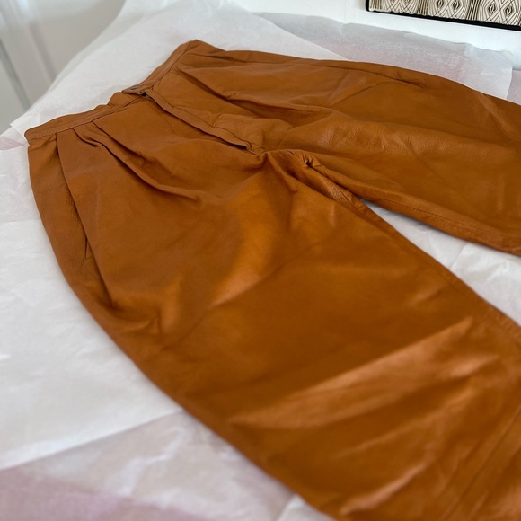 VINTAGE 80s S pleated leather carrot pants camel tan Made in France lined MINT - Picture 15 of 16